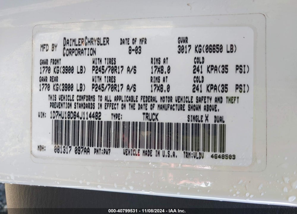 2004 DODGE RAM 1500 SLT VIN: 1D7HU18D64J114482