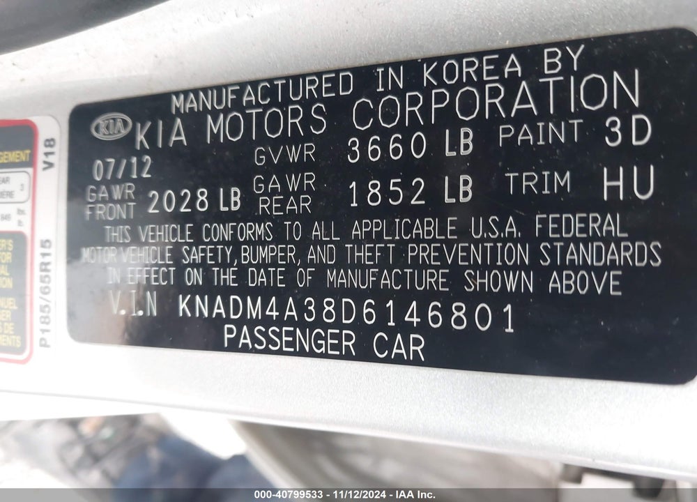 2013 KIA RIO LX VIN: KNADM4A38D6146801