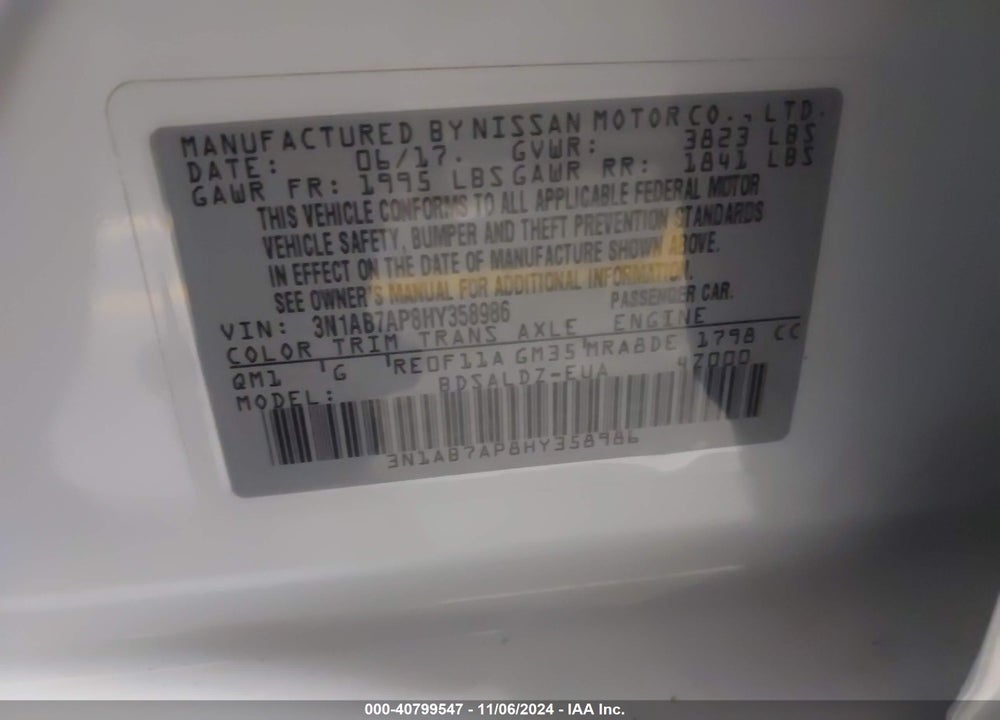 2017 NISSAN SENTRA SV VIN: 3N1AB7AP8HY358986