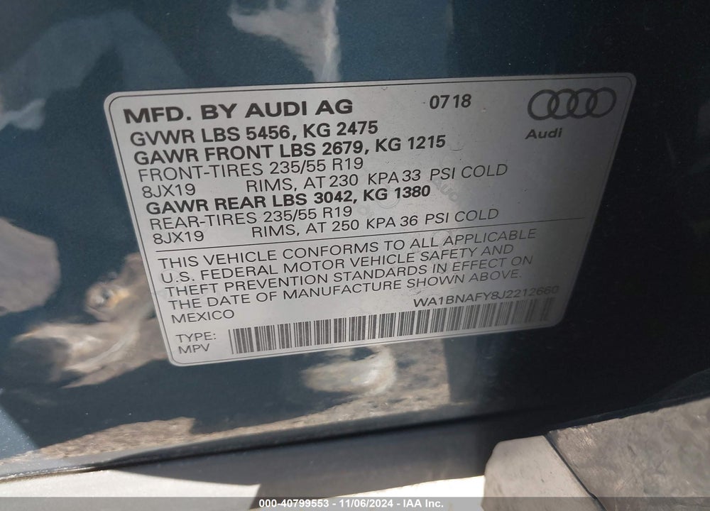 2018 AUDI Q5 2.0T PREMIUM/2.0T TECH PREMIUM VIN: WA1BNAFY8J2212660
