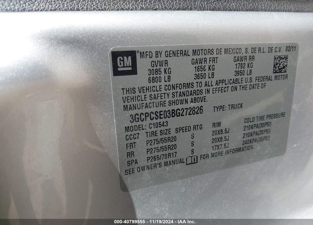 2011 CHEVROLET SILVERADO 1500 LT VIN: 3GCPCSE03BG272826