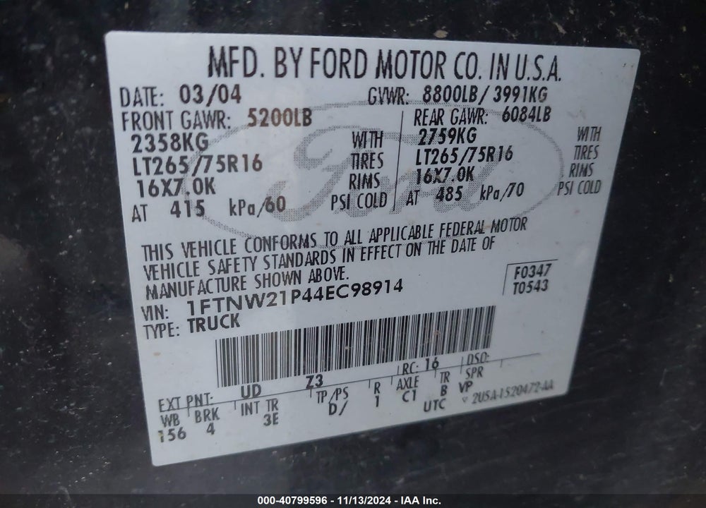 2004 HARLEY-DAVIDSON FORD SUPER DUTY F-250 /KING RANCH/LARIAT/XL/XLT VIN: 1FTNW21P44EC98914