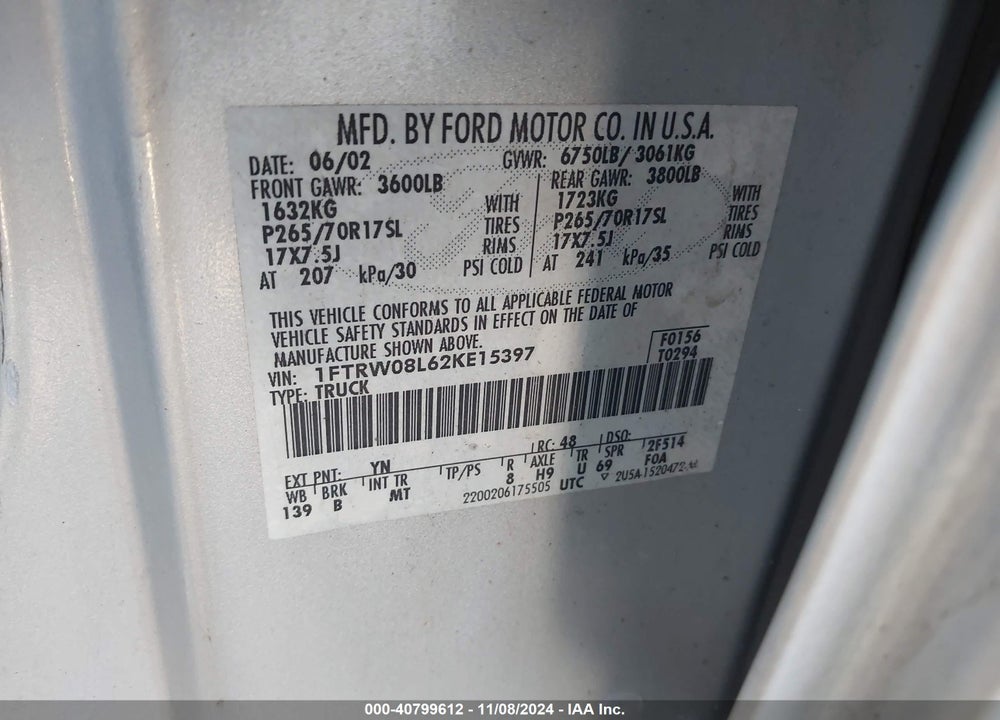 2002 FORD F-150 LARIAT/XLT VIN: 1FTRW08L62KE15397