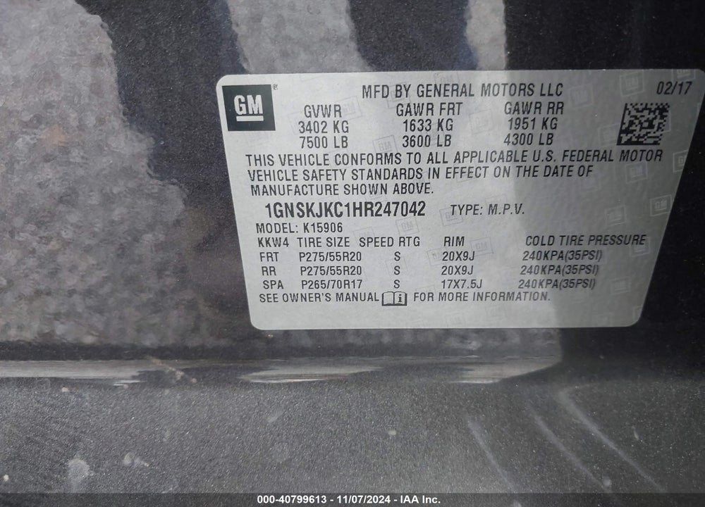 2017 CHEVROLET SUBURBAN PREMIER VIN: 1GNSKJKC1HR247042