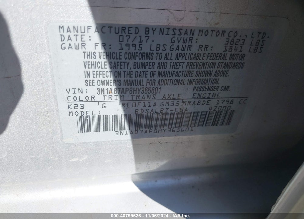 2017 NISSAN SENTRA S VIN: 3N1AB7AP8HY365601