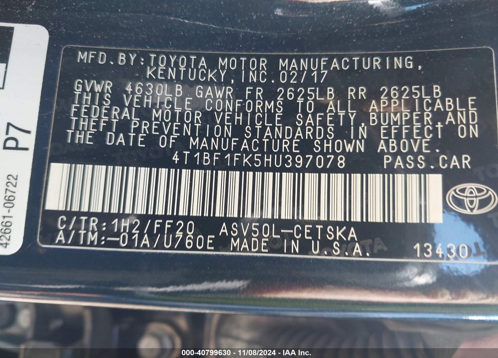 2017 TOYOTA CAMRY SE VIN: 4T1BF1FK5HU397078