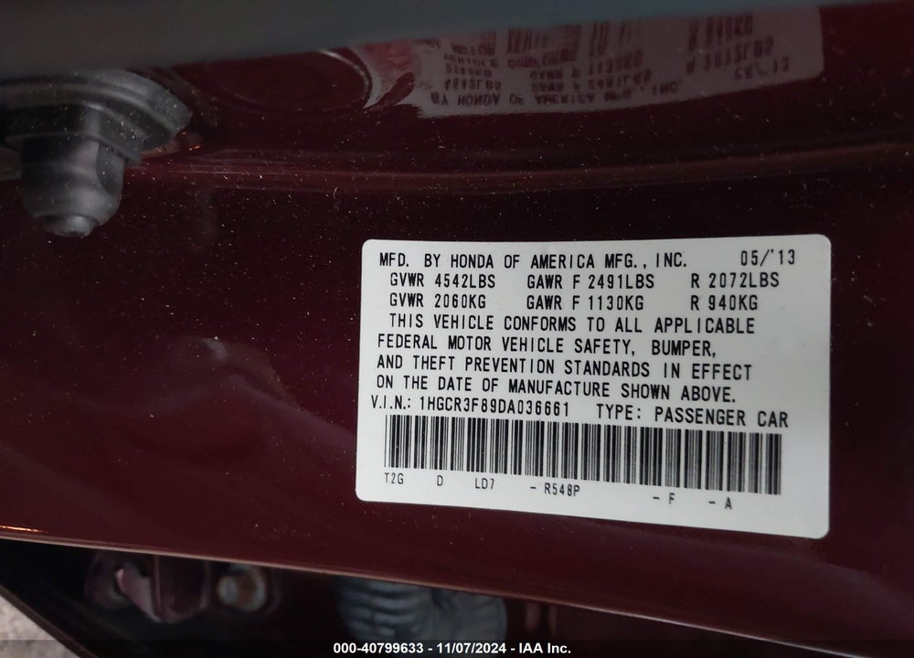 2013 HONDA ACCORD EX-L V-6 VIN: 1HGCR3F89DA036661