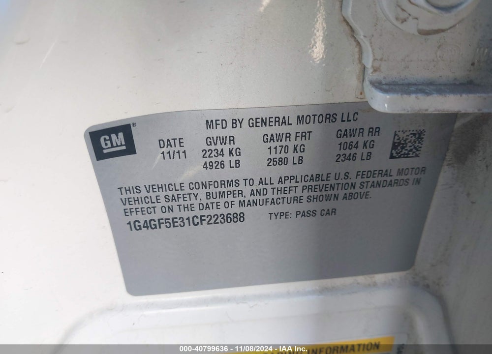 2012 BUICK LACROSSE PREMIUM 2 GROUP VIN: 1G4GF5E31CF223688