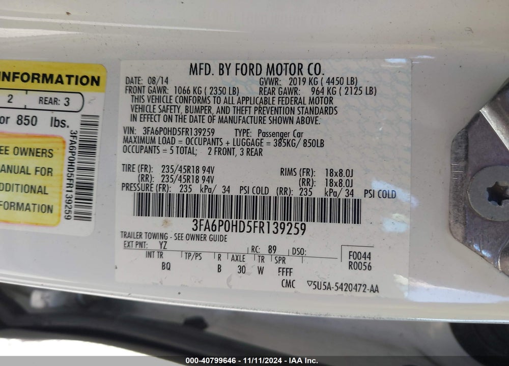 2015 FORD FUSION SE VIN: 3FA6P0HD5FR139259