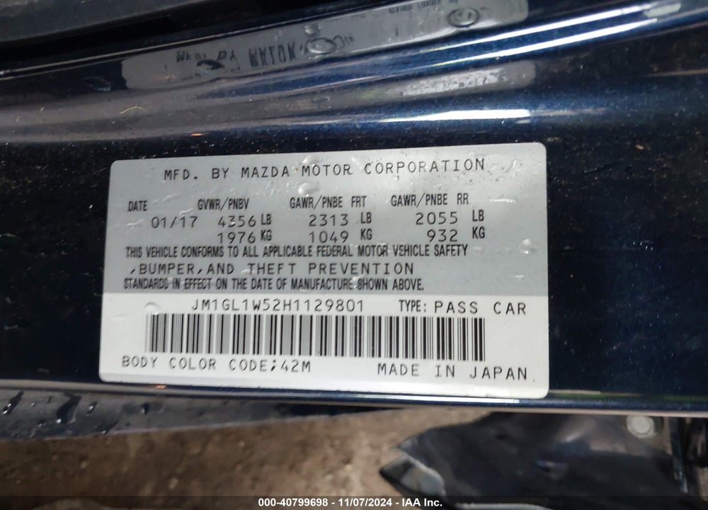 2017 MAZDA 6 GRAND TOURING VIN: JM1GL1W52H1129801
