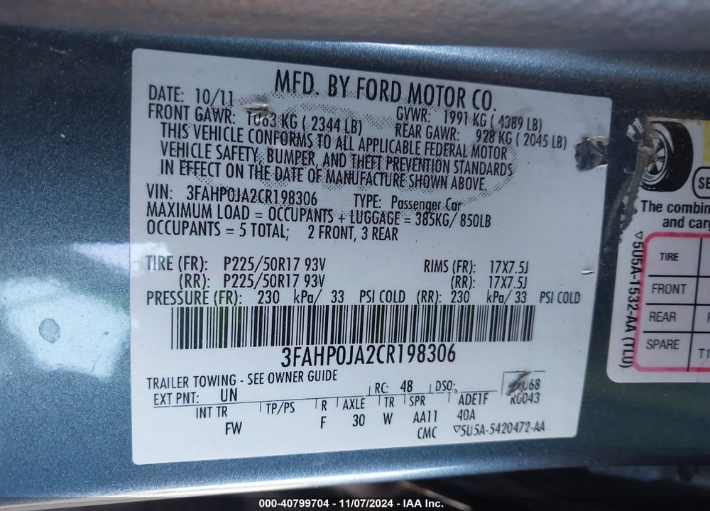 2012 FORD FUSION VIN: 3FAHP0JA2CR198306
