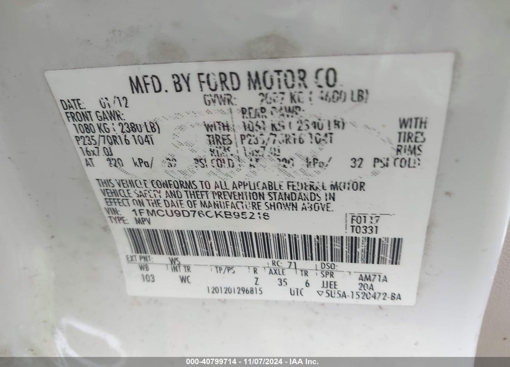 2012 FORD ESCAPE XLT VIN: 1FMCU9D76CKB95216