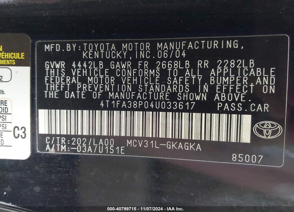 2004 TOYOTA CAMRY SOLARA SLE VIN: 4T1FA38P04U033617