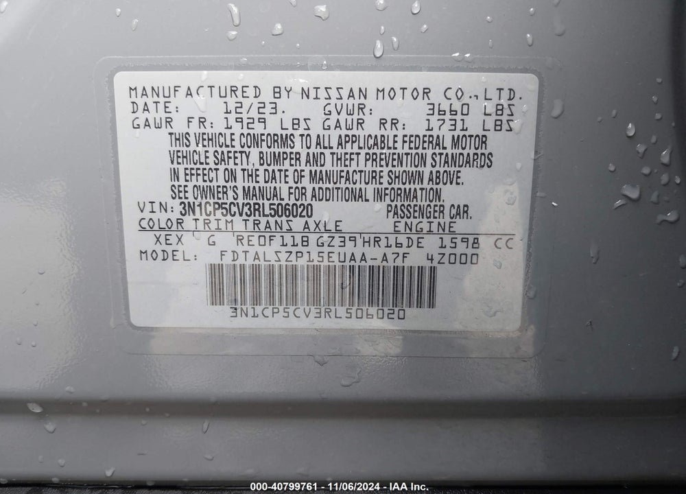 2024 NISSAN KICKS SV XTRONIC CVT VIN: 3N1CP5CV3RL506020