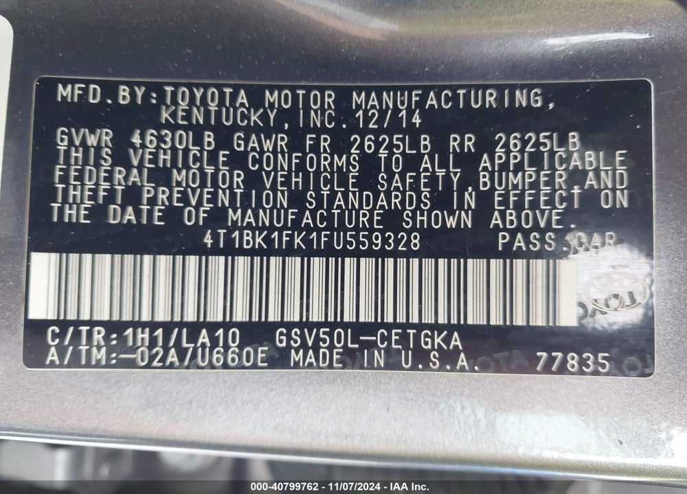 2015 TOYOTA CAMRY XLE V6 VIN: 4T1BK1FK1FU559328