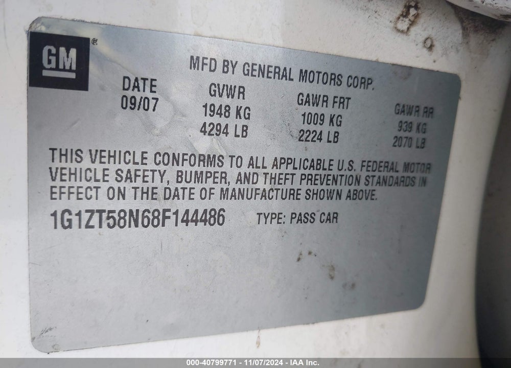 2008 CHEVROLET MALIBU CLASSIC LT VIN: 1G1ZT58N68F144486