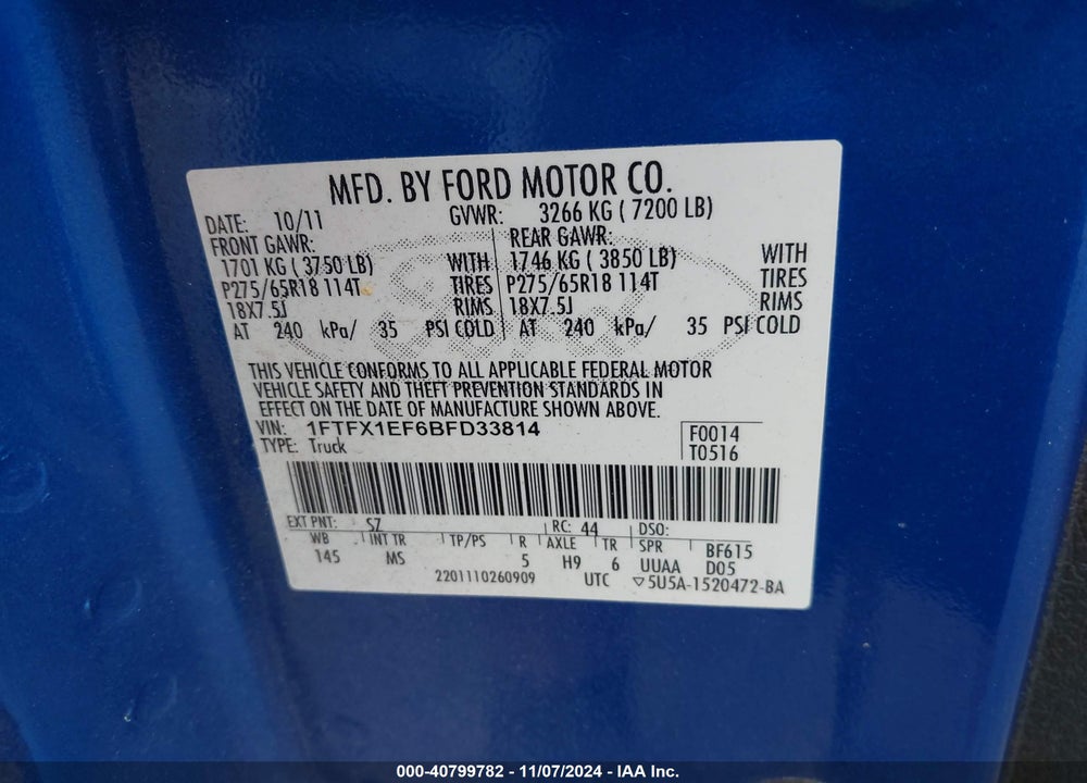 2011 FORD F-150 XLT VIN: 1FTFX1EF6BFD33814