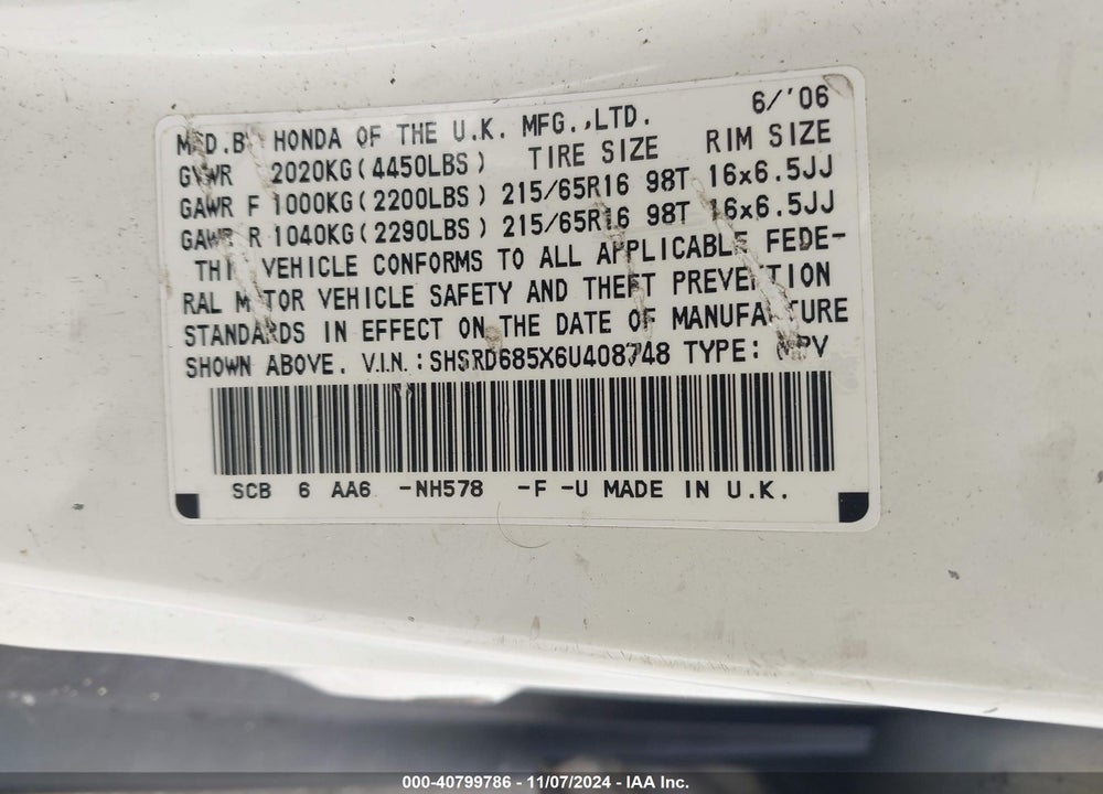 2006 HONDA CR-V LX VIN: SHSRD685X6U408748