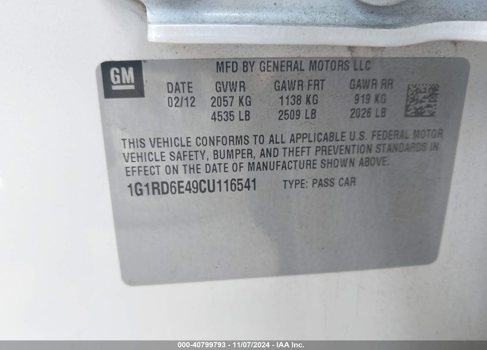 2012 CHEVROLET VOLT VIN: 1G1RD6E49CU116541