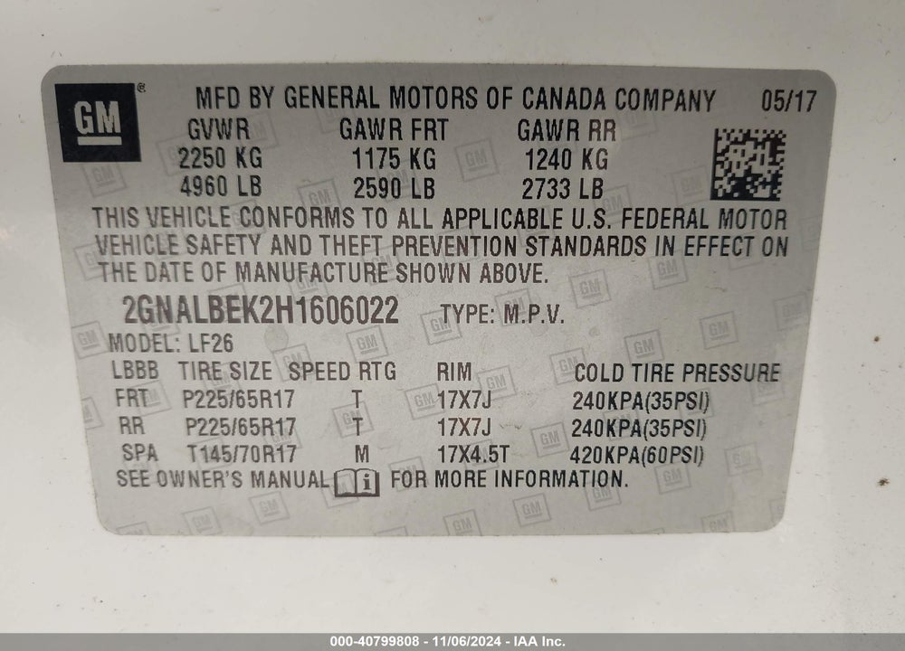 2017 CHEVROLET EQUINOX LS VIN: 2GNALBEK2H1606022