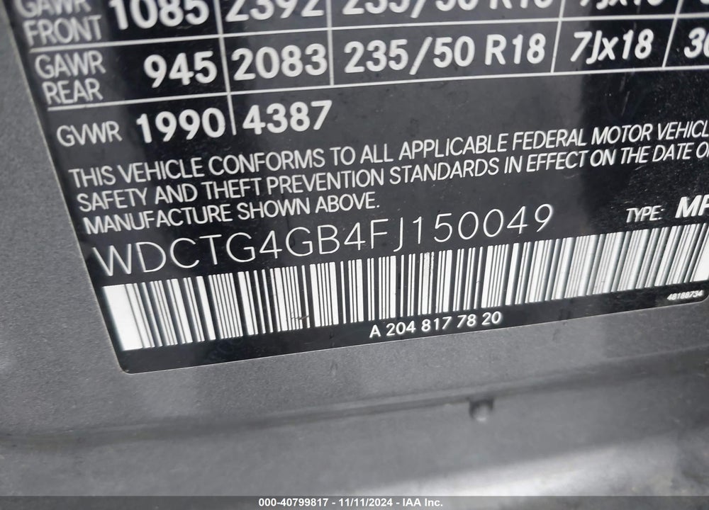 2015 MERCEDES-BENZ GLA 250 4MATIC VIN: WDCTG4GB4FJ150049