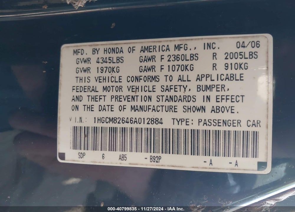 2006 HONDA ACCORD 3.0 EX VIN: 1HGCM82646A012884