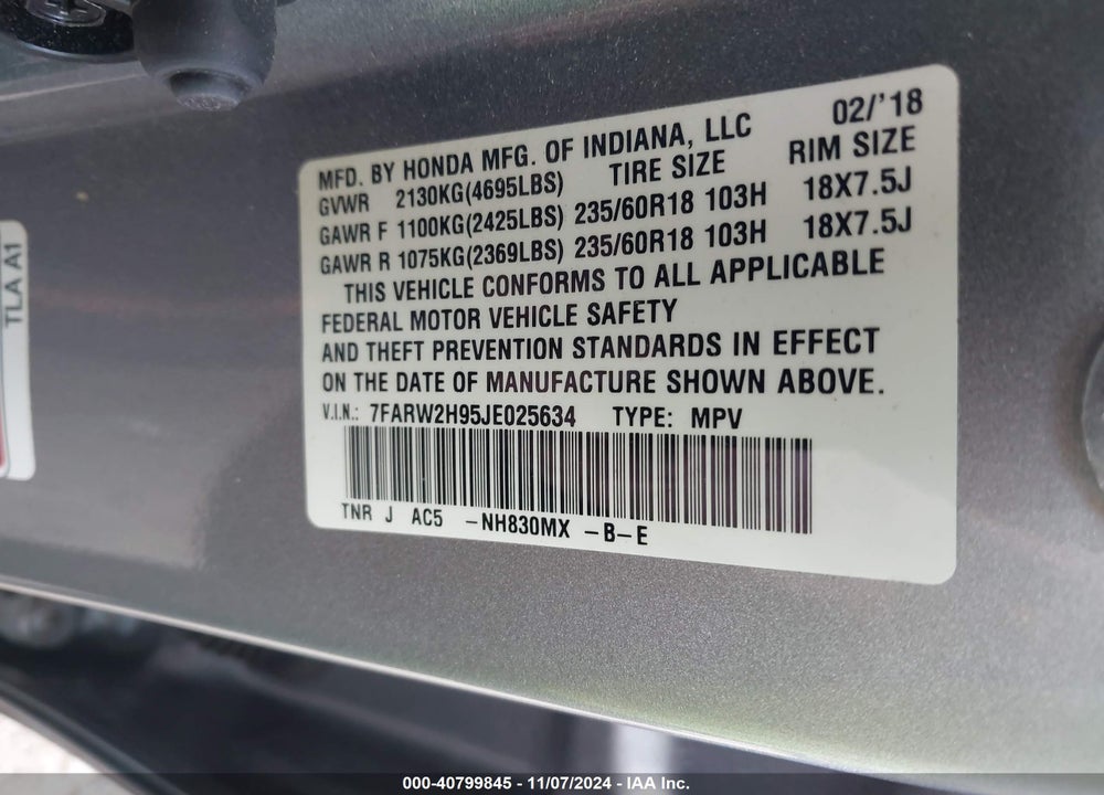 2018 HONDA CR-V TOURING VIN: 7FARW2H95JE025634