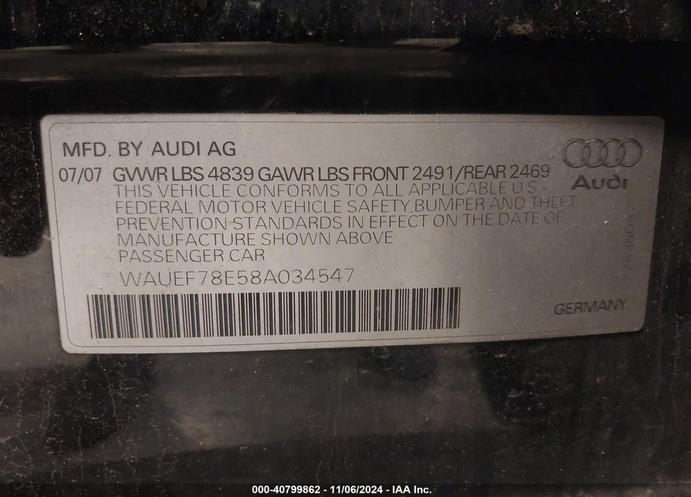 2008 AUDI A4 2.0T VIN: WAUEF78E58A034547