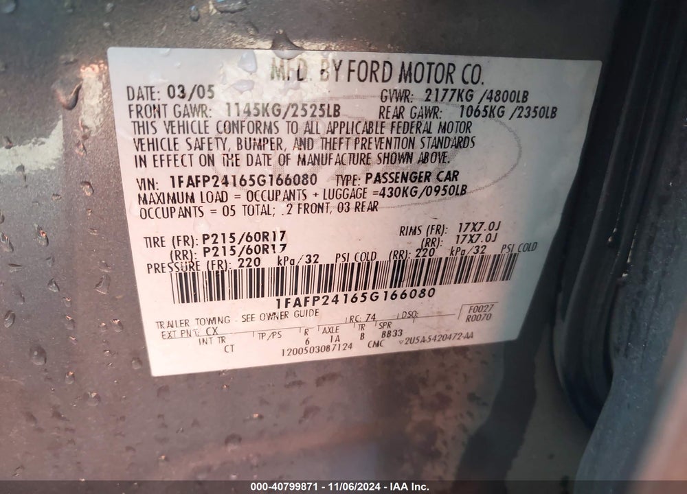 2005 FORD FIVE HUNDRED SEL VIN: 1FAFP24165G166080