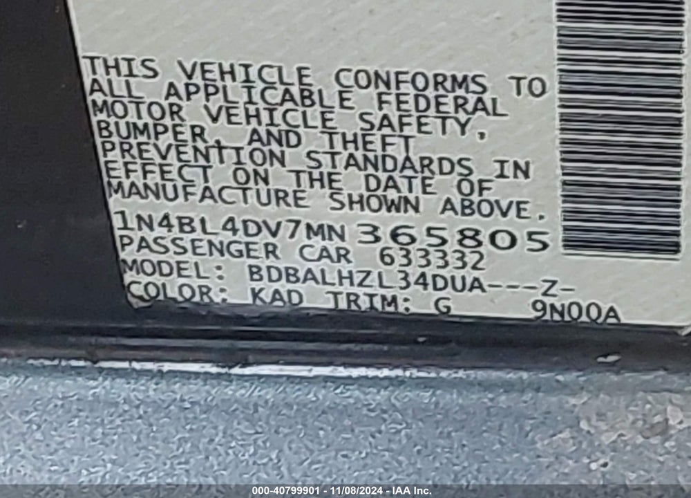 2021 NISSAN ALTIMA SV FWD VIN: 1N4BL4DV7MN365805