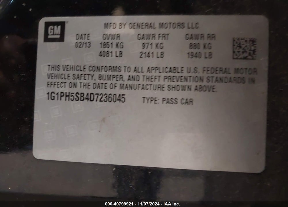 2013 CHEVROLET CRUZE ECO AUTO VIN: 1G1PH5SB4D7236045