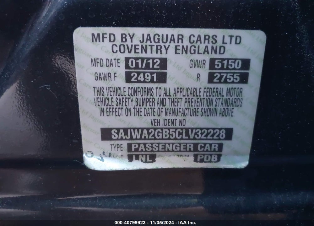 2012 JAGUAR XJ XJL PORTFOLIO VIN: SAJWA2GB5CLV32228