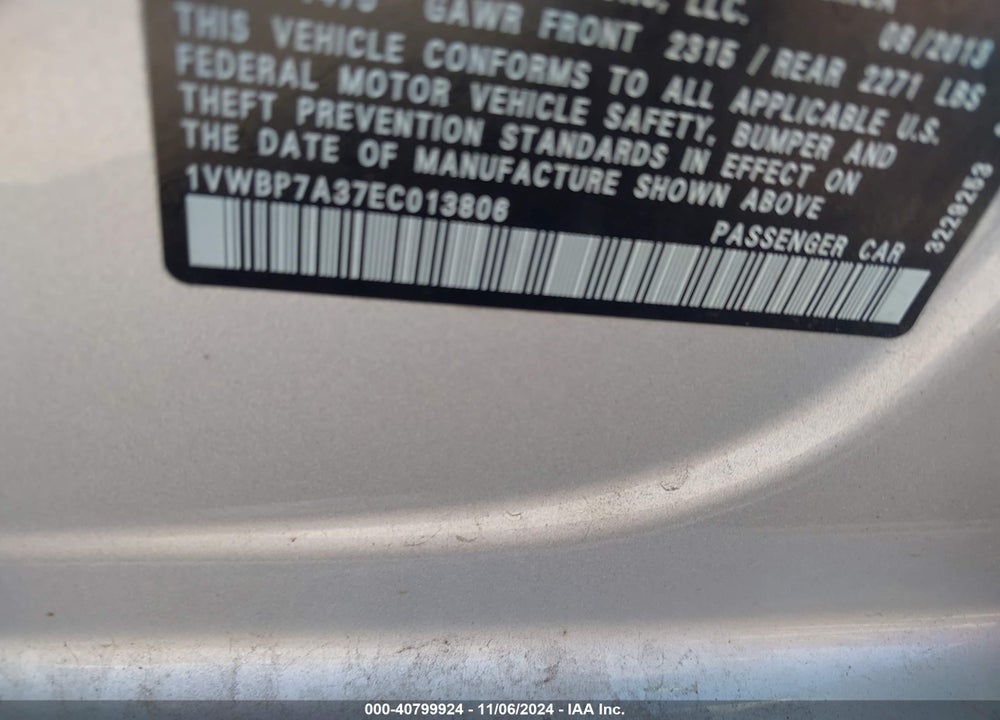 2014 VOLKSWAGEN PASSAT 2.5L SE VIN: 1VWBP7A37EC013806
