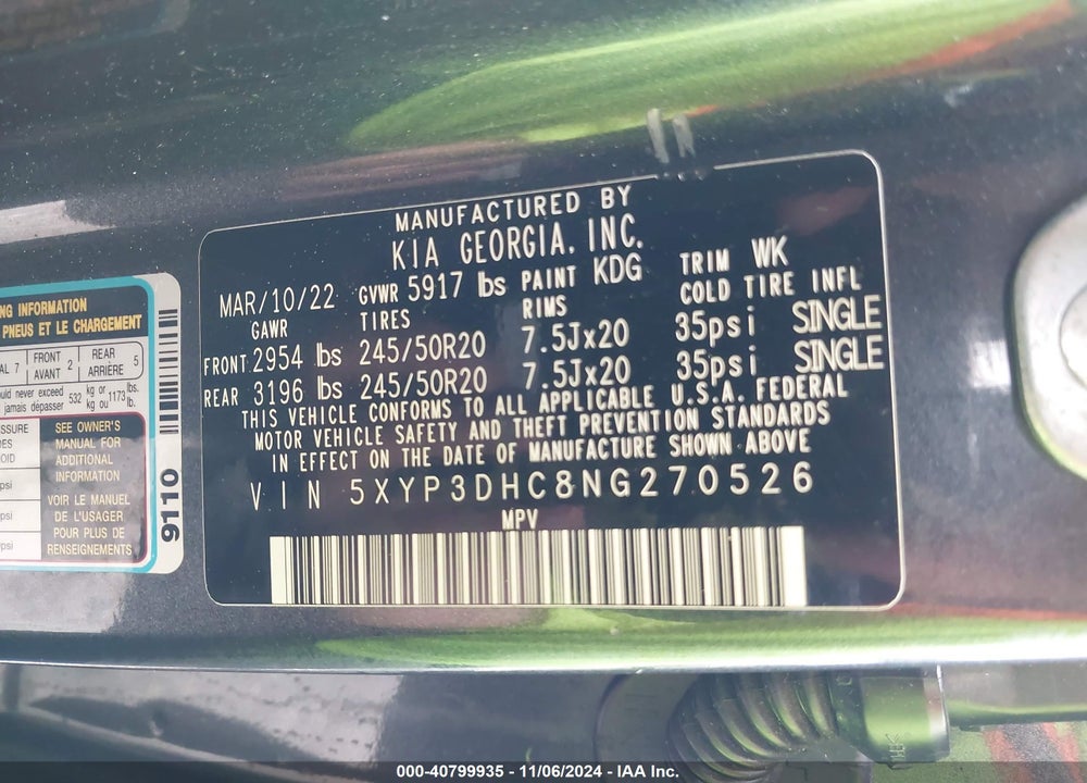 2022 KIA TELLURIDE EX VIN: 5XYP3DHC8NG270526