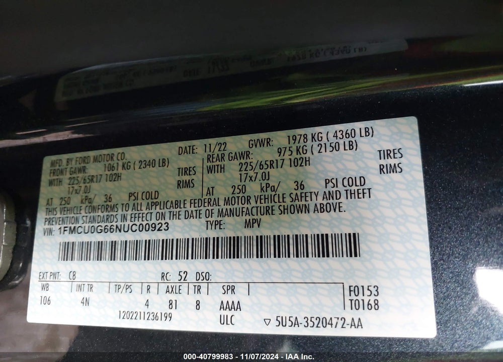 2022 FORD ESCAPE SE VIN: 1FMCU0G66NUC00923