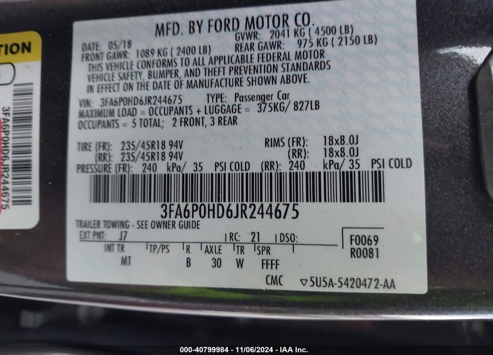 2018 FORD FUSION SE VIN: 3FA6P0HD6JR244675