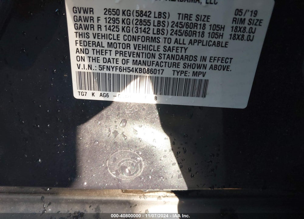 2019 HONDA PILOT EX-L VIN: 5FNYF6H54KB086017