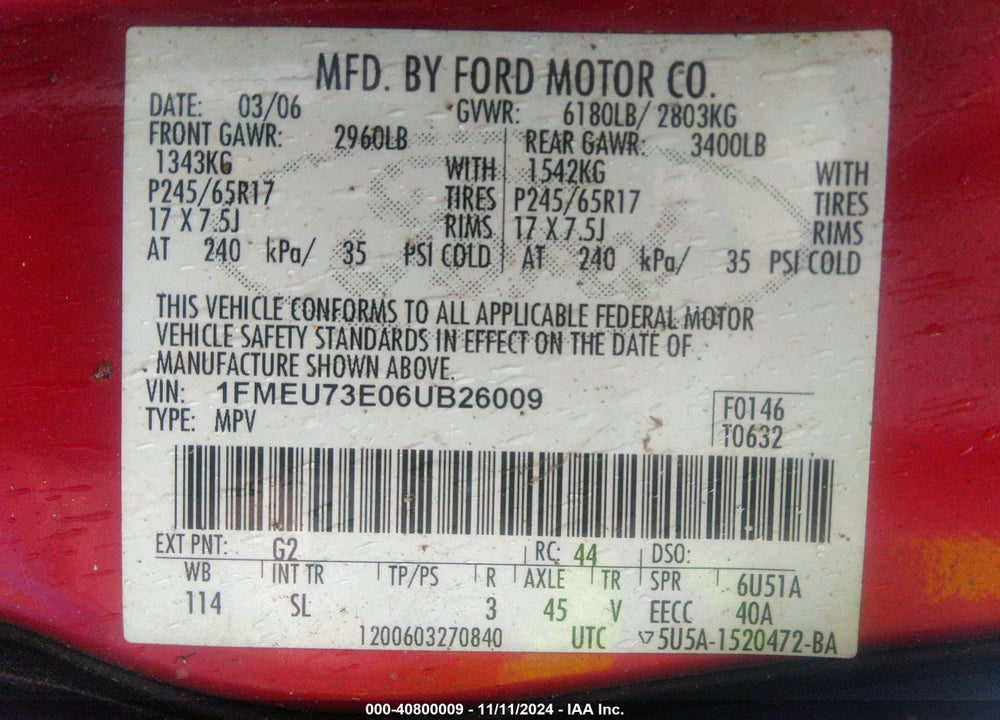 2006 FORD EXPLORER XLT VIN: 1FMEU73E06UB26009