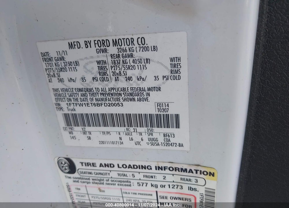 2011 FORD F-150 FX4 VIN: 1FTFW1ET6BFD20053