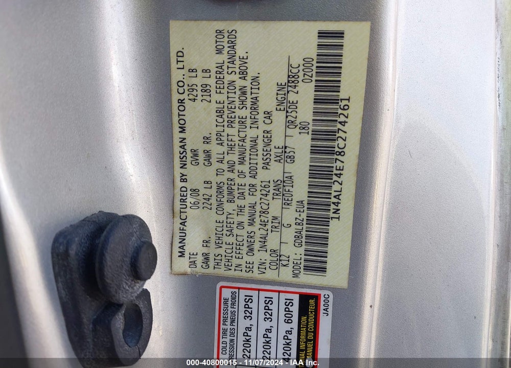 2008 NISSAN ALTIMA 2.5 S VIN: 1N4AL24E78C274261