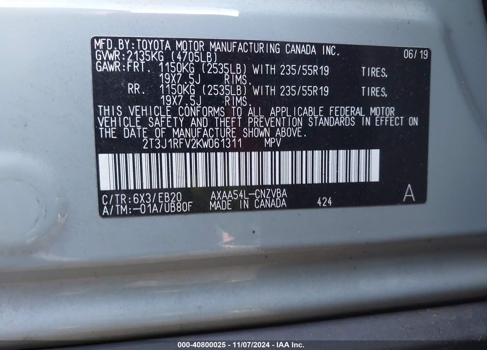 2019 TOYOTA RAV4 ADVENTURE VIN: 2T3J1RFV2KW061311