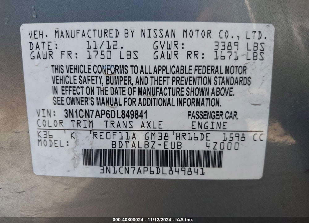 2013 NISSAN VERSA 1.6 SV VIN: 3N1CN7AP6DL849841