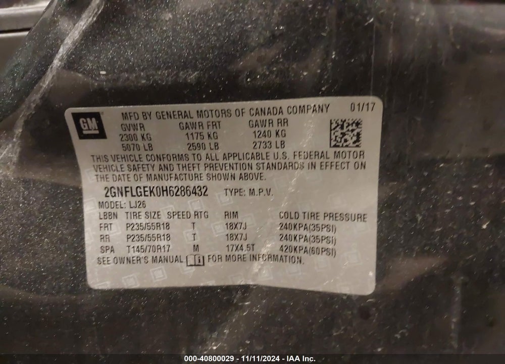 2017 CHEVROLET EQUINOX PREMIER VIN: 2GNFLGEK0H6286432