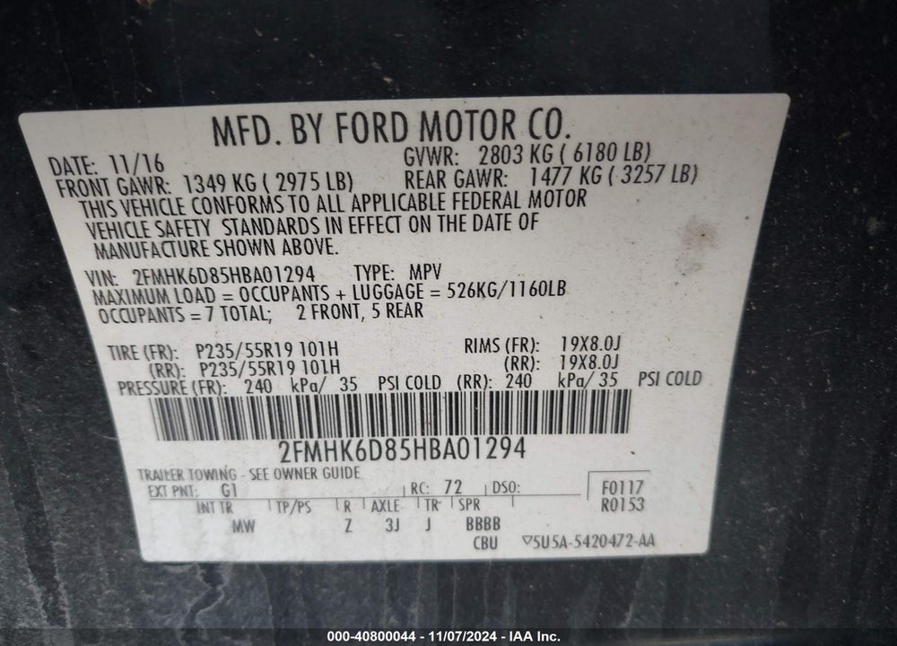 2017 FORD FLEX LIMITED VIN: 2FMHK6D85HBA01294