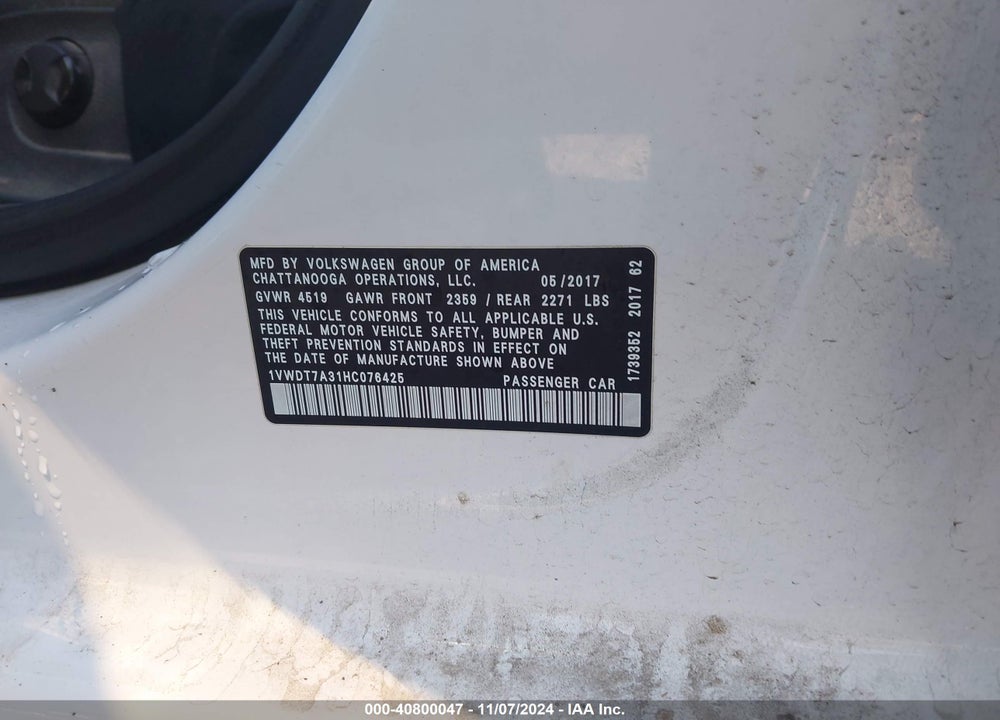 2017 VOLKSWAGEN PASSAT 1.8T R-LINE VIN: 1VWDT7A31HC076425