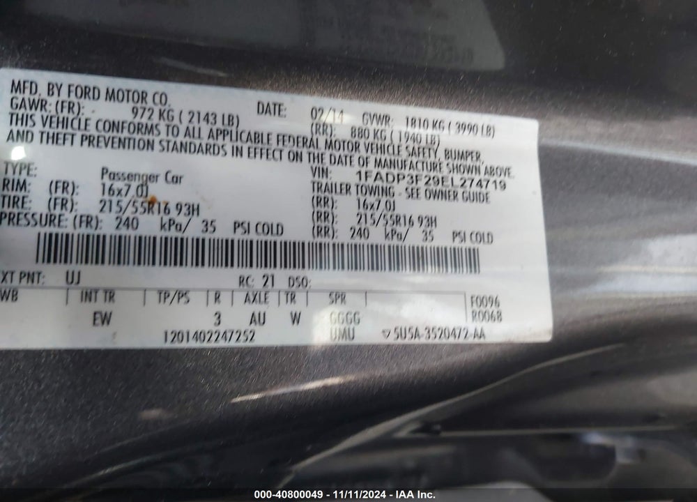 2014 FORD FOCUS SE VIN: 1FADP3F29EL274719