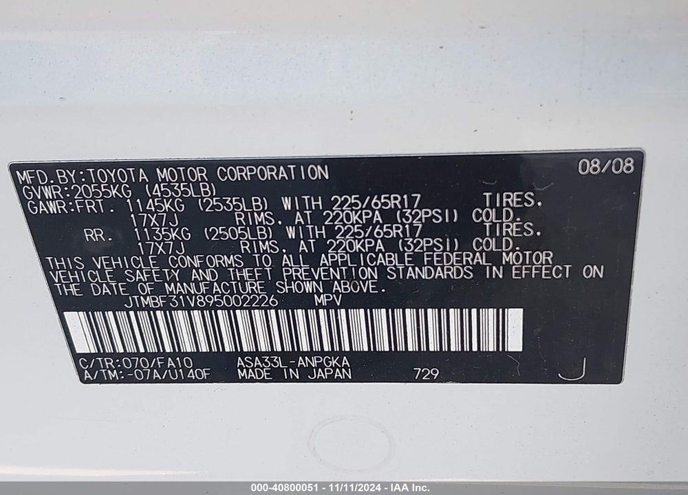 2009 TOYOTA RAV4 LIMITED VIN: JTMBF31V895002226