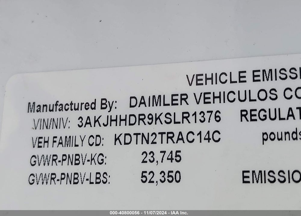 2019 FREIGHTLINER NEW CASCADIA 126 VIN: 3AKJHHDR9KSLR1376