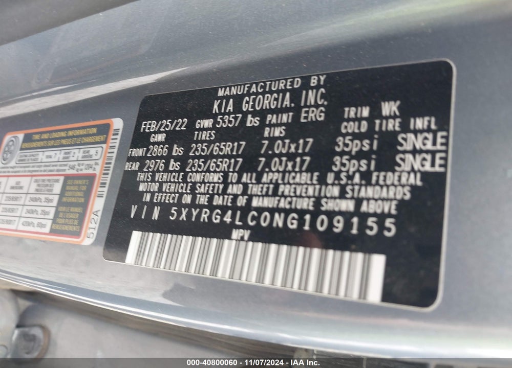 2022 KIA SORENTO LX VIN: 5XYRG4LC0NG109155