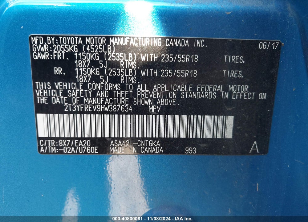 2017 TOYOTA RAV4 LIMITED/PLATINUM VIN: 2T3YFREV9HW387634